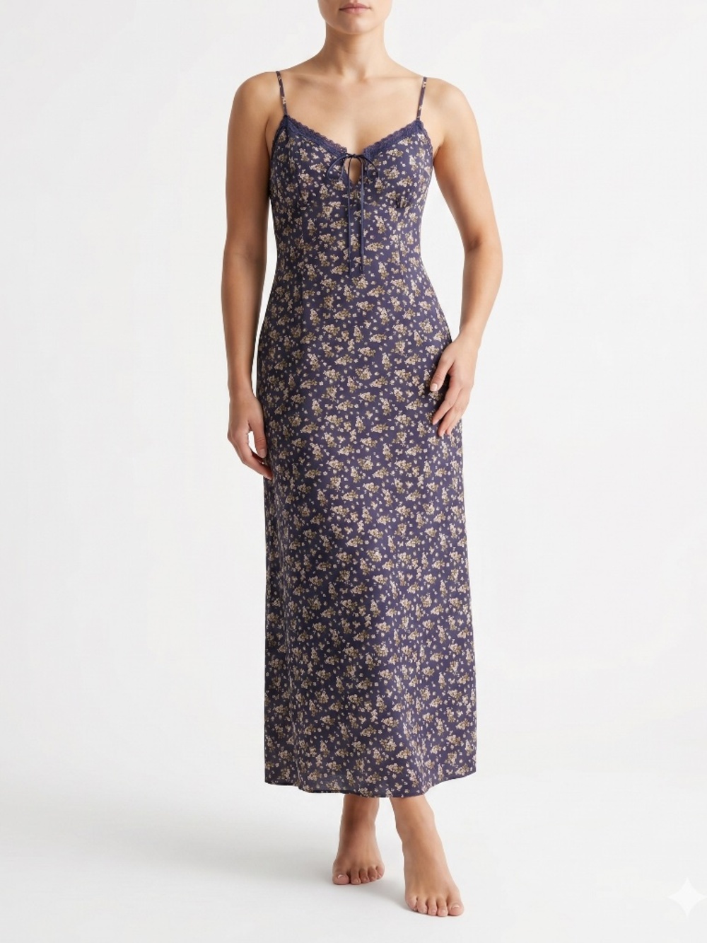 Blu Pepper Navy Floral Midi Dress Women's Size Small Lace Trim Tie Front Boho